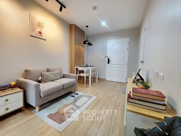 Modern living room with cozy sofa and stylish decor