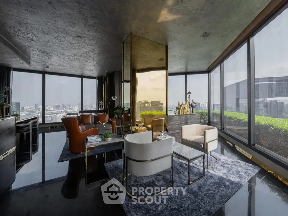 Luxurious corner unit living room with panoramic city views and elegant modern furniture.
