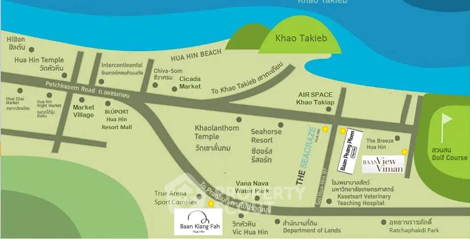 Map highlighting real estate locations near Hua Hin Beach and Khao Takiab.