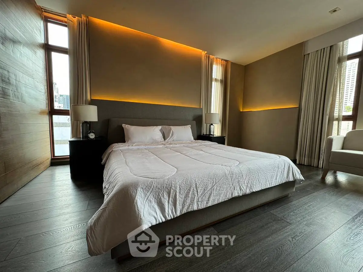 Luxurious modern bedroom with ambient lighting and city view