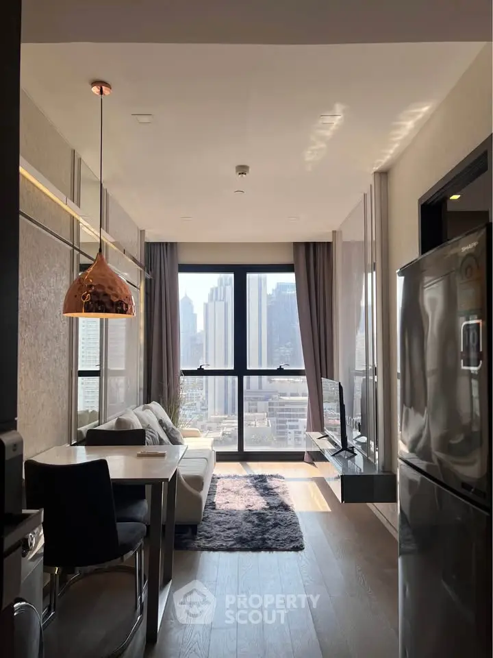 Modern apartment living room with city view, stylish decor, and open layout.