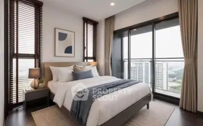Modern bedroom with large windows and stunning city view, featuring elegant decor and cozy ambiance.