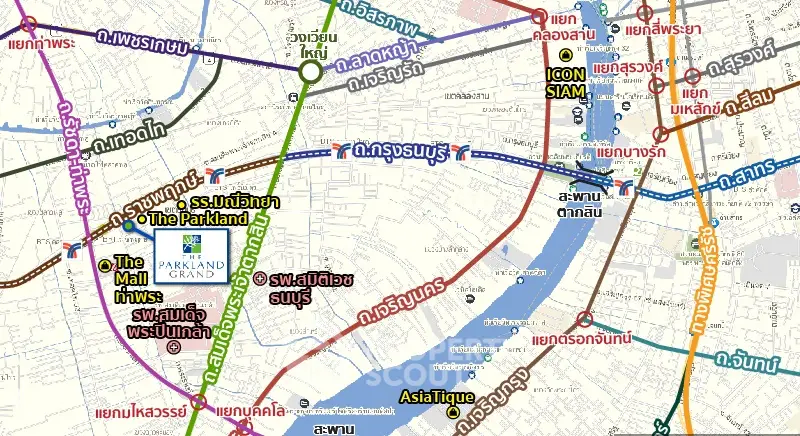 Bangkok real estate map highlighting key locations and transit routes.