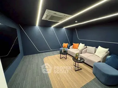 Modern living room with stylish lighting and cozy seating area