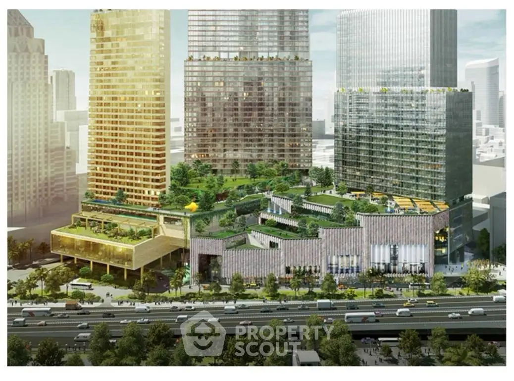 Stunning urban development with lush rooftop gardens and modern architecture in a bustling cityscape.