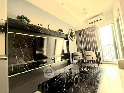 Modern living room with sleek marble TV wall and balcony view
