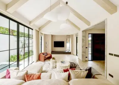 Luxurious living room with vaulted ceiling and modern decor