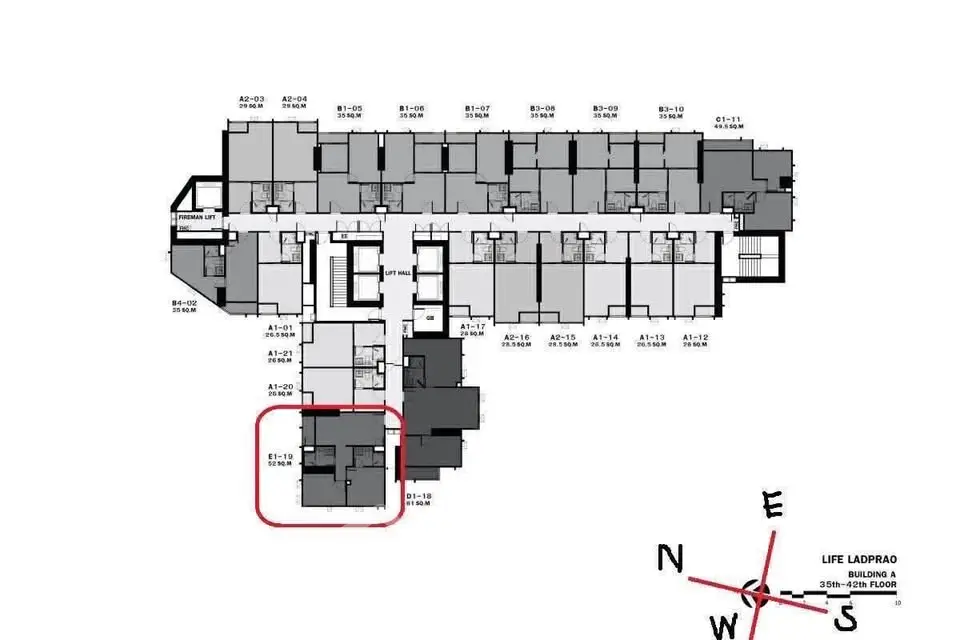 Floor plan of Life Ladprao Building A, 35th floor, showcasing unit layout and orientation.
