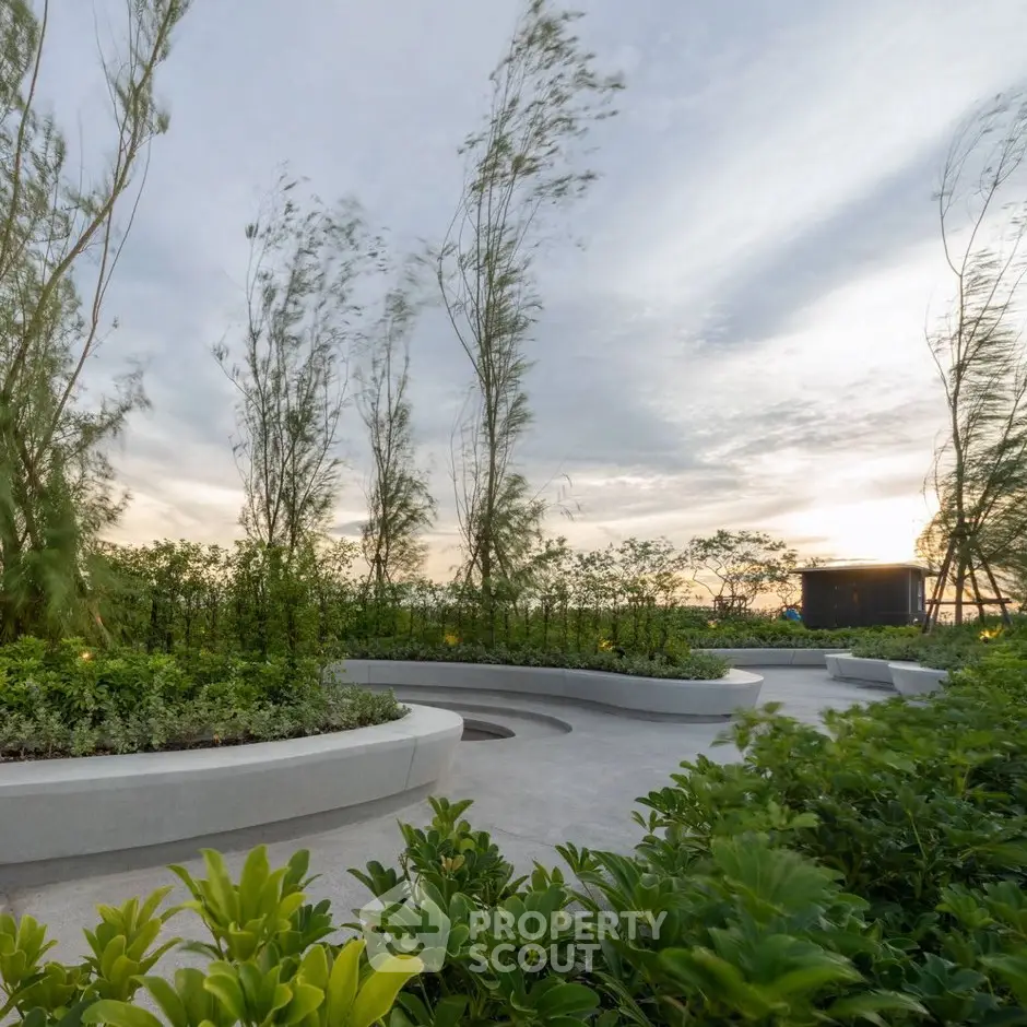 Stunning rooftop garden with lush greenery and serene sunset view