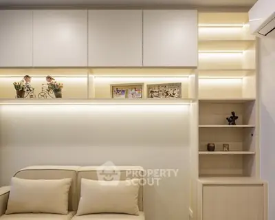 Modern living room with elegant shelving and ambient lighting