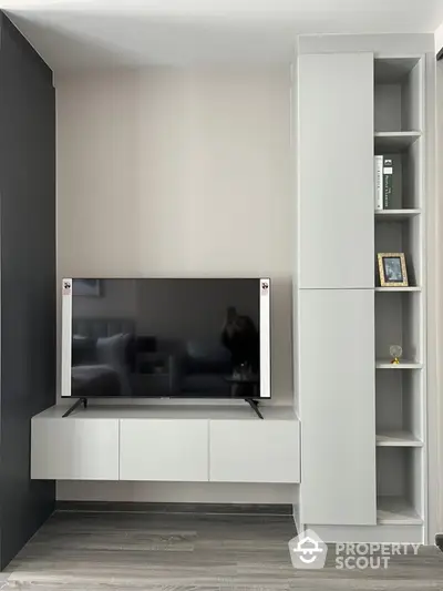 Modern living room with sleek TV unit and minimalist shelving