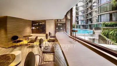 Luxurious modern lounge with pool view in upscale residential building