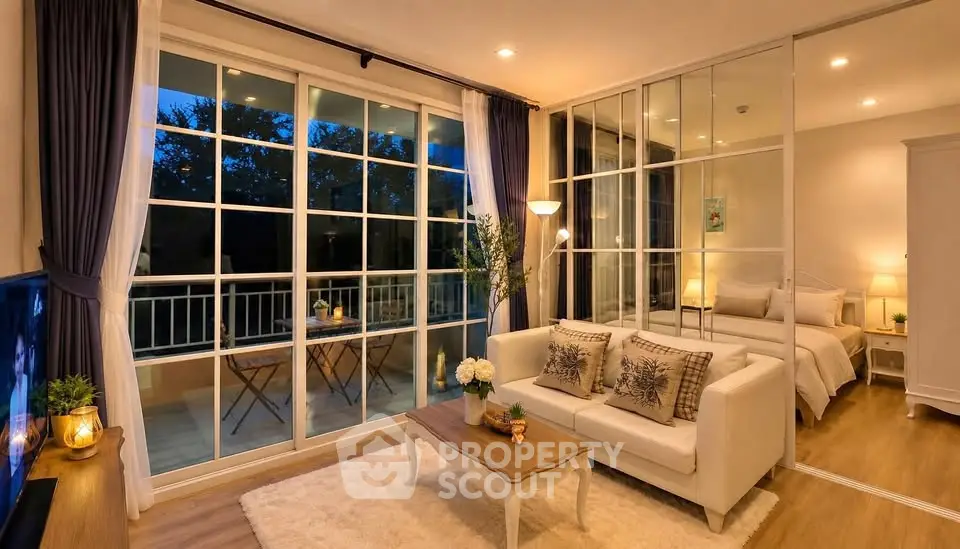 Elegant living room with cozy decor and balcony view in modern apartment