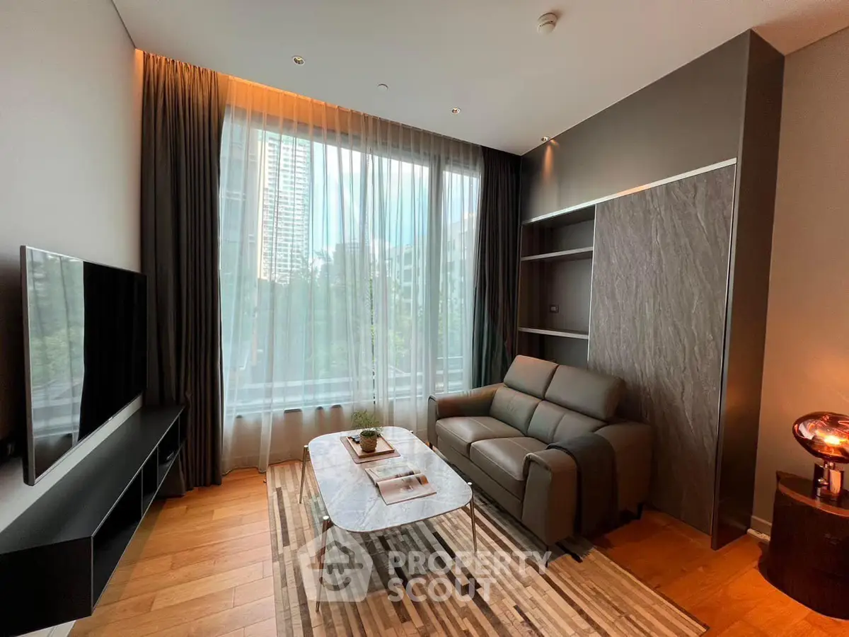 Modern living room with large window and stylish decor in urban apartment