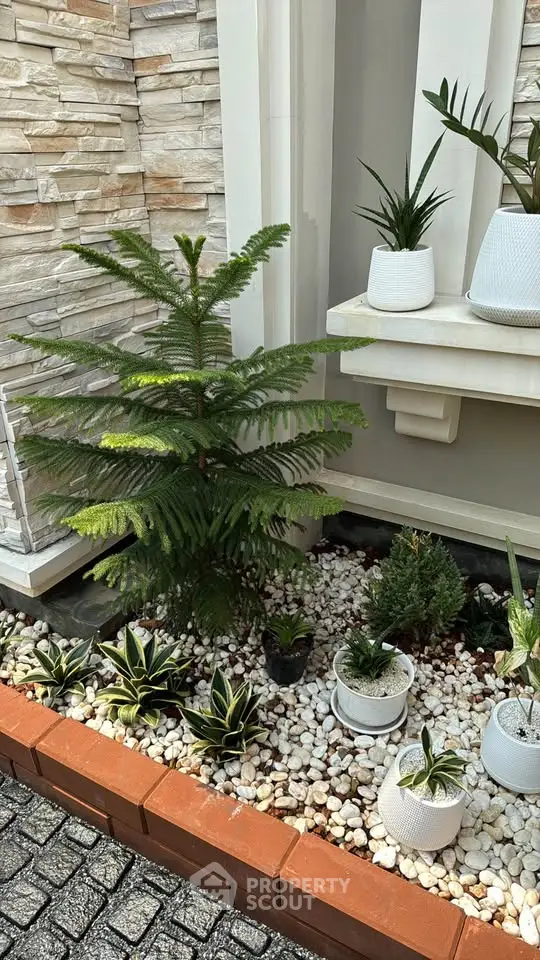 Charming garden corner with lush greenery and decorative stone accents in modern exterior design.