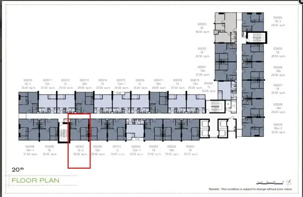 Detailed 20th floor plan showcasing multiple apartment layouts and dimensions.