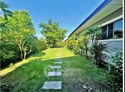 Spacious garden with lush greenery and modern house exterior