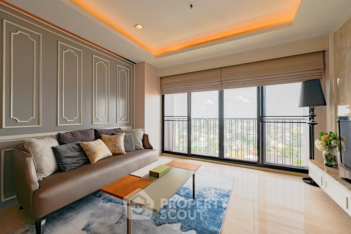 Luxurious living room with panoramic city view and modern decor