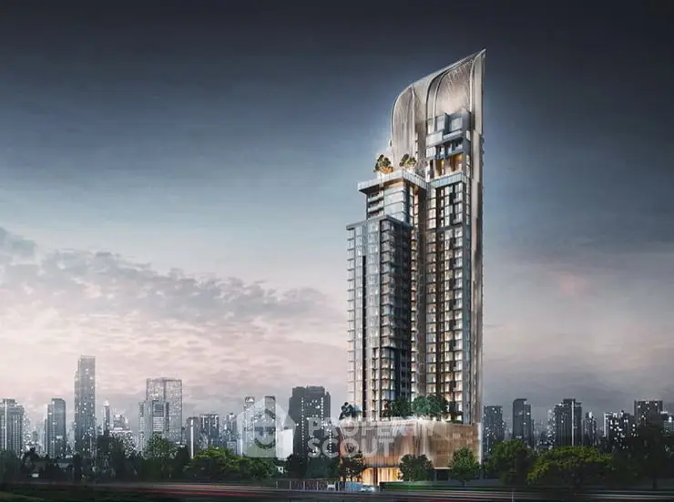 Stunning architectural design of a modern high-rise building with a city skyline backdrop.
