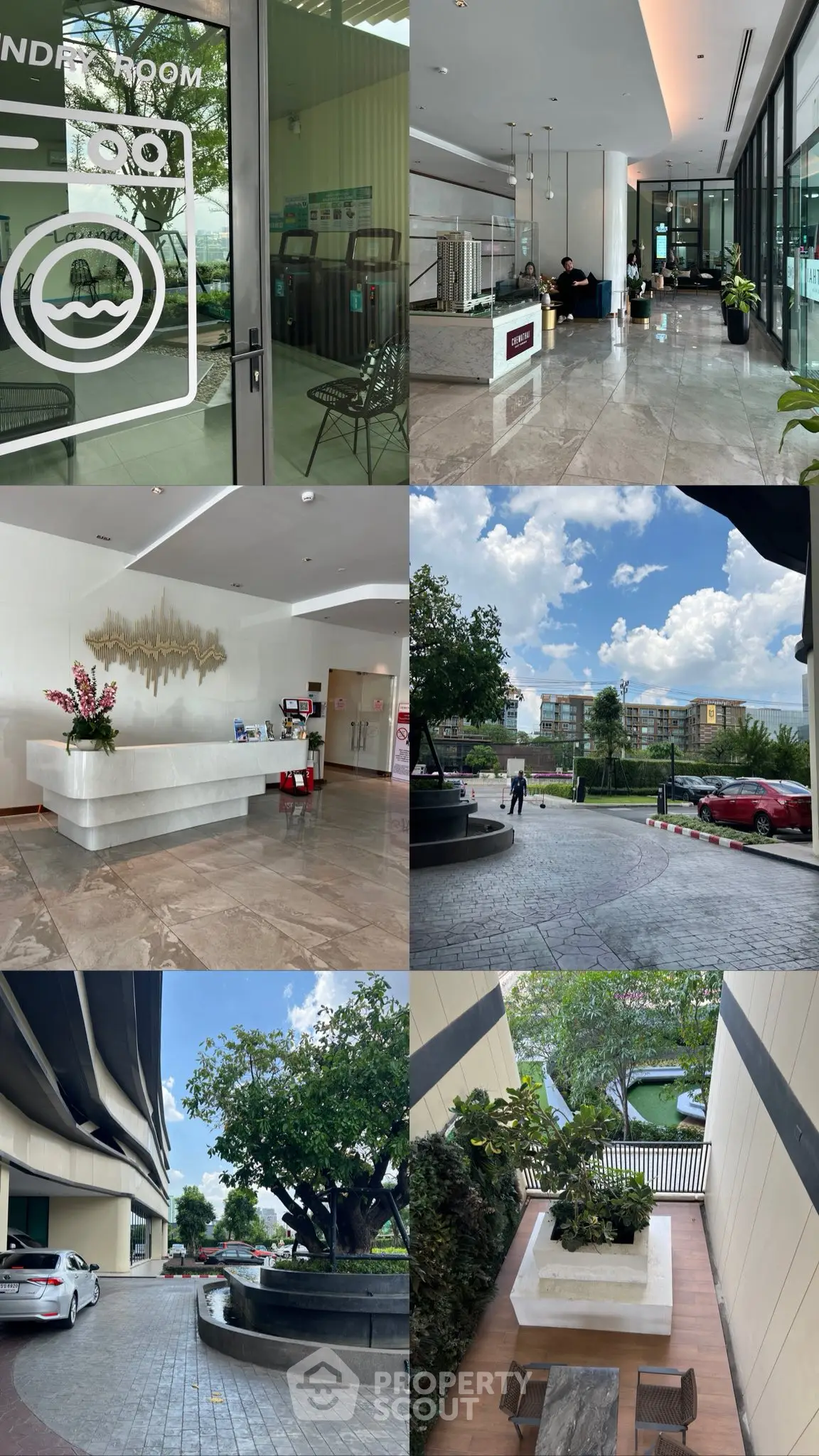 Modern apartment complex with luxurious lobby, laundry room, and scenic outdoor areas.