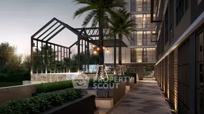 Luxurious modern building exterior with elegant landscaping and ambient lighting