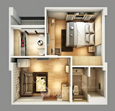 Modern apartment floor plan with bedroom, kitchen, and living area.