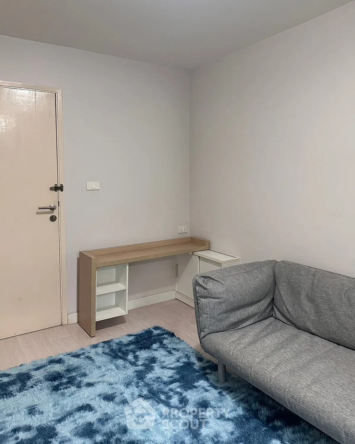 Cozy living room with modern gray sofa and stylish blue rug, perfect for relaxation.