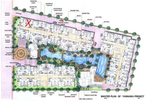 Master plan of Yannawa Project showcasing residential layout with pools and gardens.