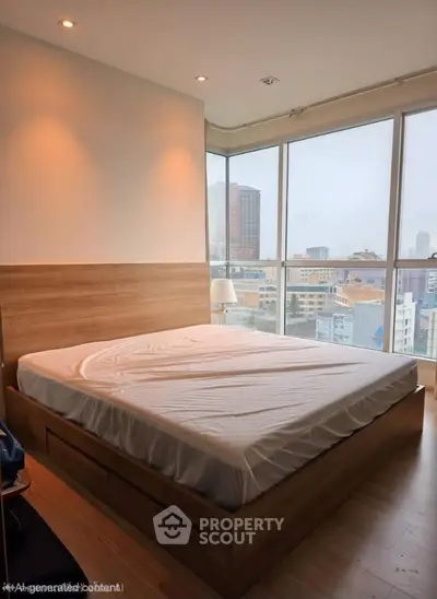 Spacious bedroom with large windows offering stunning city views in modern apartment