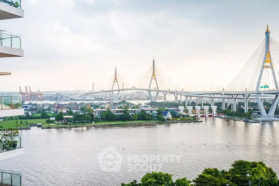 Stunning river view with iconic bridge from a high-rise balcony, perfect for urban living.