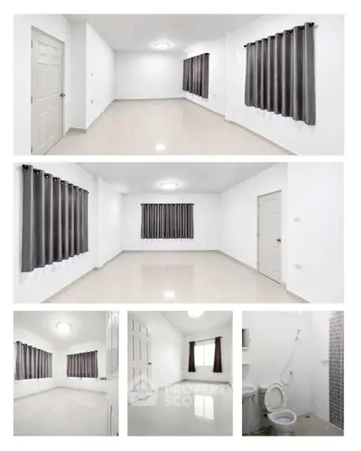 Spacious unfurnished apartment with tiled floors and modern bathroom, featuring large windows with gray curtains.