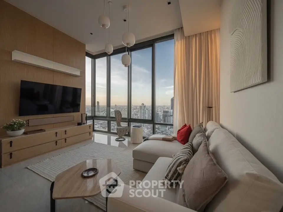 Luxurious living room with panoramic city view, modern decor, and cozy seating area.