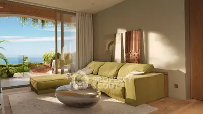 Luxurious living room with ocean view and modern green sofa in elegant interior design.