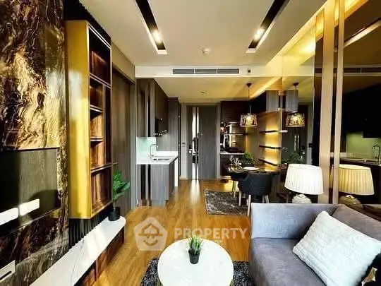 Luxurious modern living room with open kitchen and stylish decor