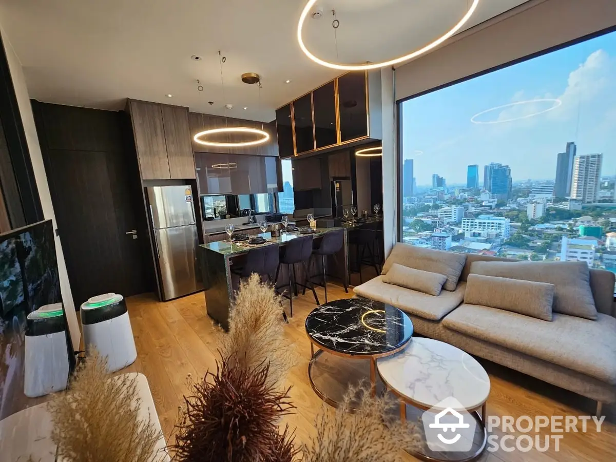 Luxurious high-rise apartment with open layout living room, modern furniture, and breathtaking city skyline views through floor-to-ceiling windows.