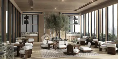 Luxurious modern living room with elegant wooden decor and panoramic city views