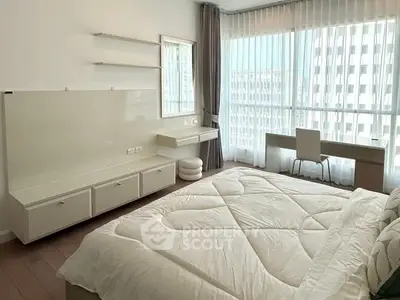 Spacious modern bedroom with large windows and elegant furnishings