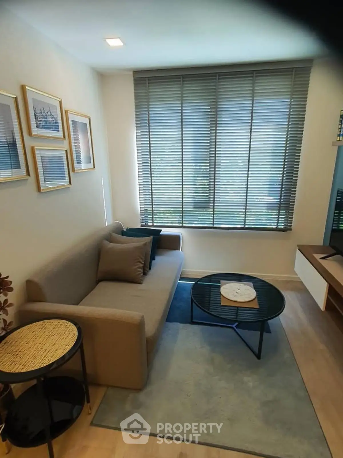 Cozy living room with modern decor and large window blinds