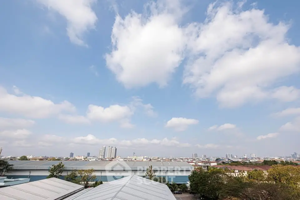 Stunning cityscape view with clear blue sky and urban skyline.