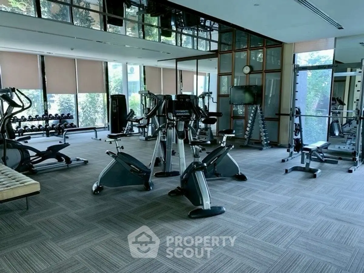 Spacious modern gym with state-of-the-art equipment and large windows.