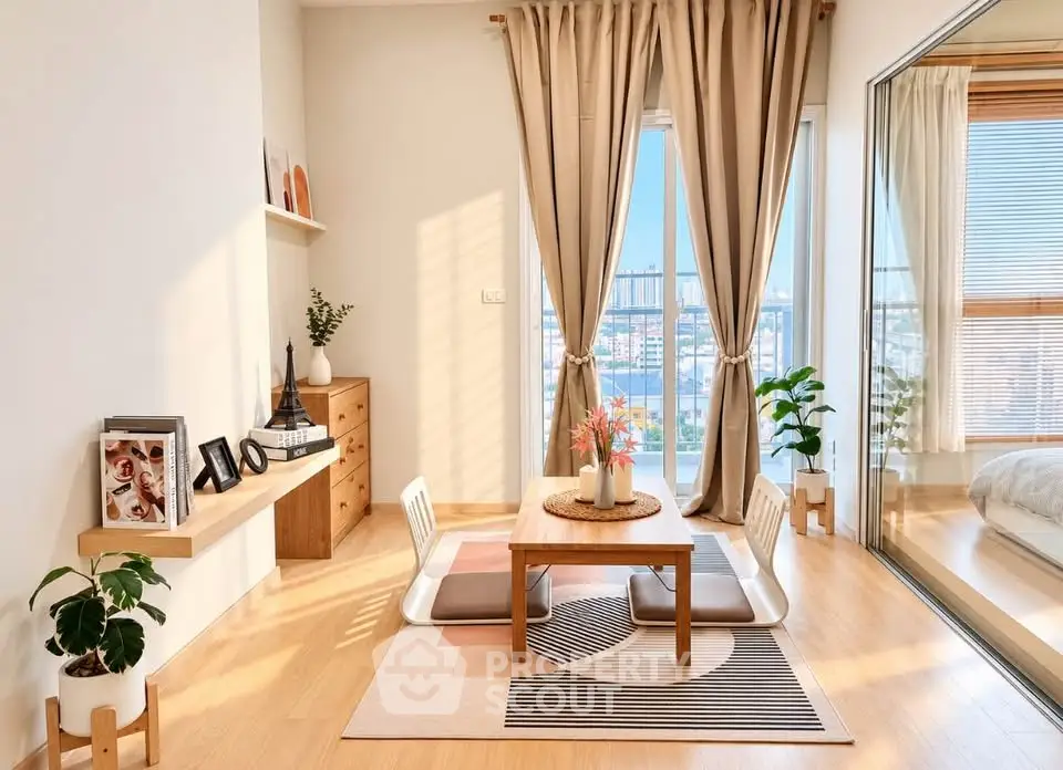 Bright and airy living room with modern decor and large windows offering stunning city views.