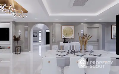 Luxurious open-plan living space with elegant dining area, modern lighting, and sophisticated decor, perfect for entertaining and comfortable living.