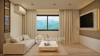 Modern living room with mountain view, featuring sleek furniture and elegant decor.