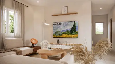 Modern living room with stylish decor and large OLED TV, featuring cozy seating and natural light.