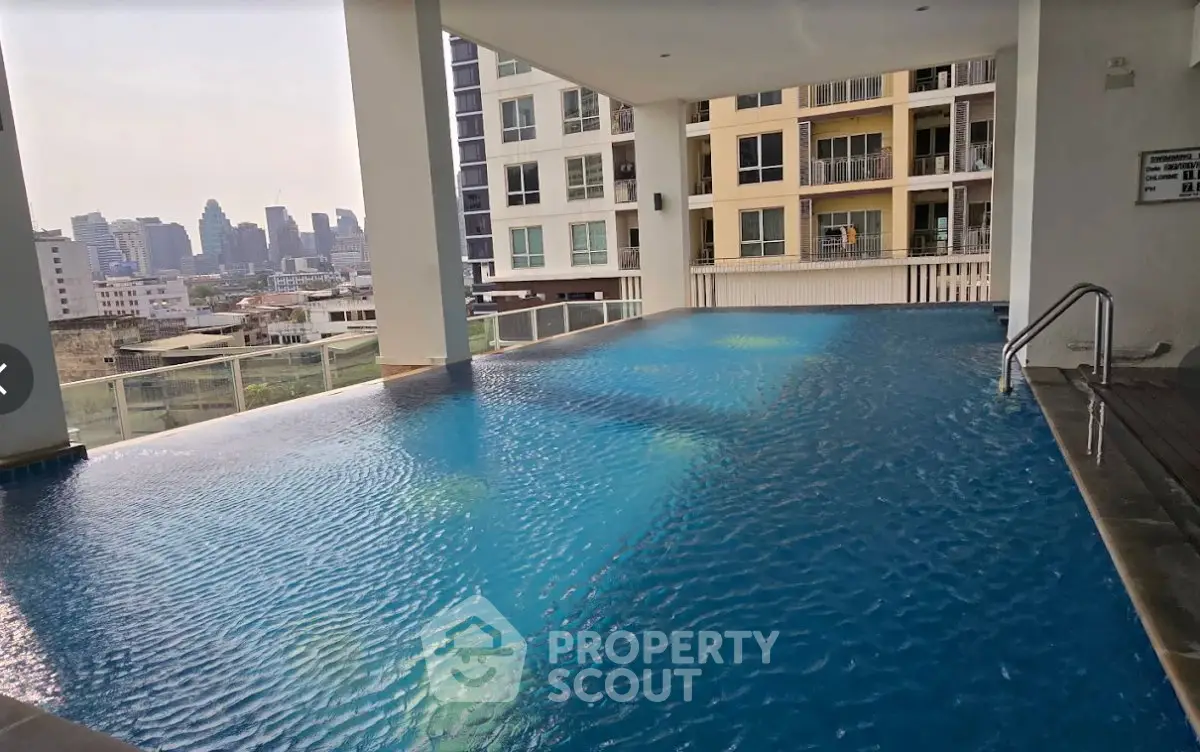 Luxurious rooftop pool with stunning city skyline view in modern apartment complex.