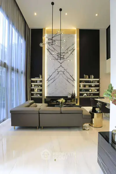 Luxurious modern living room with high ceilings and elegant decor