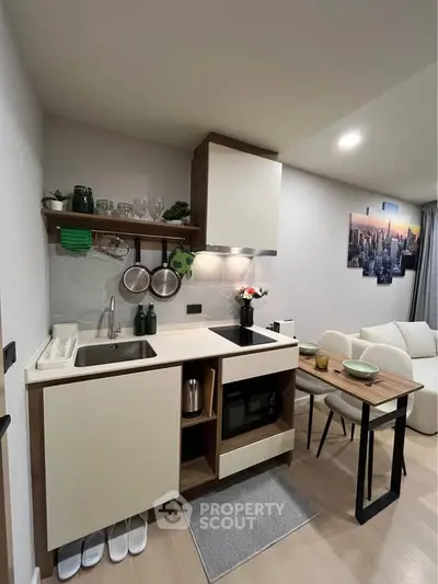 Modern compact kitchen with open layout and stylish decor in a cozy apartment.