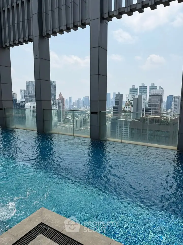 Luxurious rooftop pool with stunning city skyline views in a modern high-rise building.