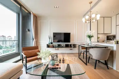 Luxurious modern living room with city view, elegant furniture, and stylish decor in high-rise apartment.
