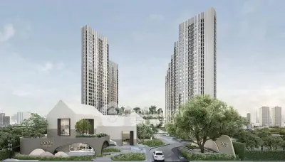 Modern high-rise residential towers with lush greenery and contemporary design.